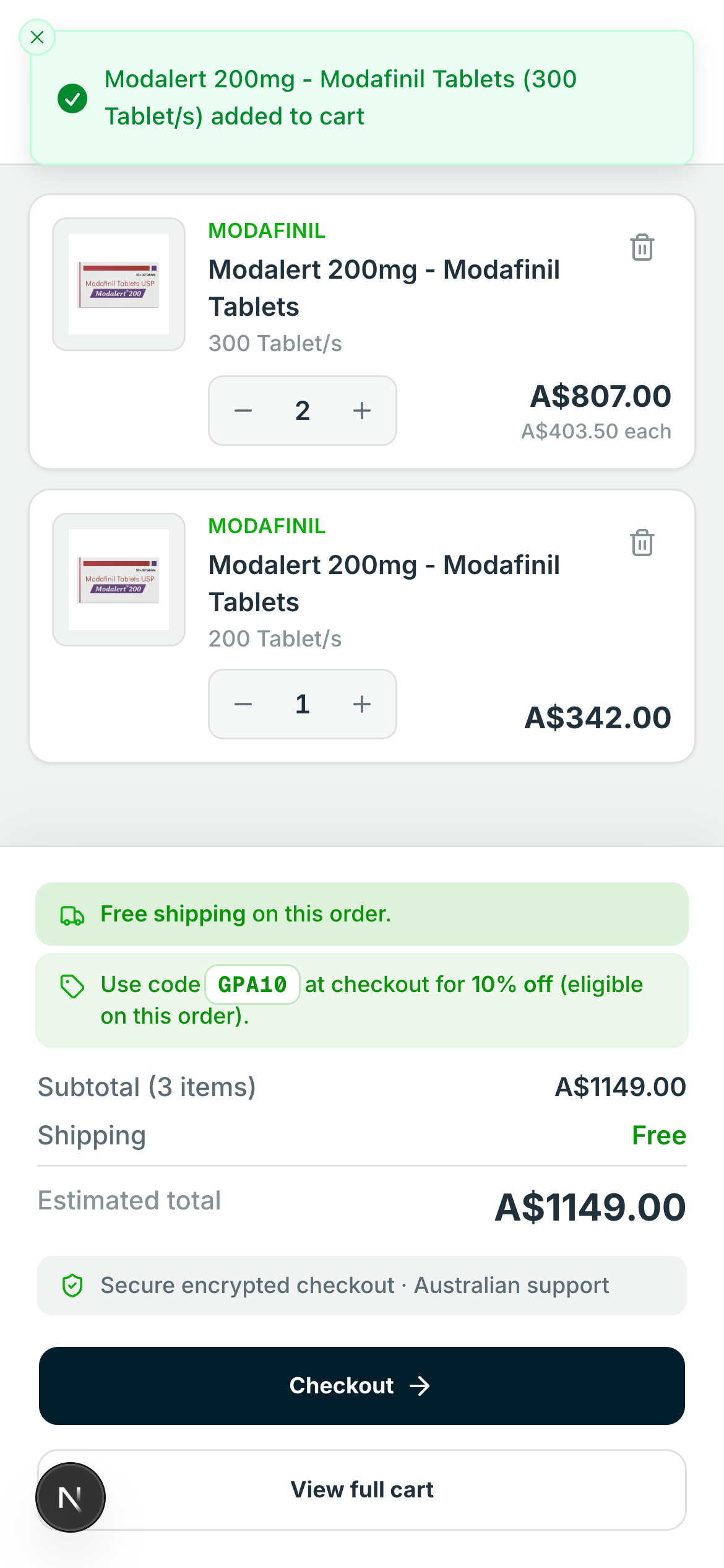 Cart sheet with items and order summary