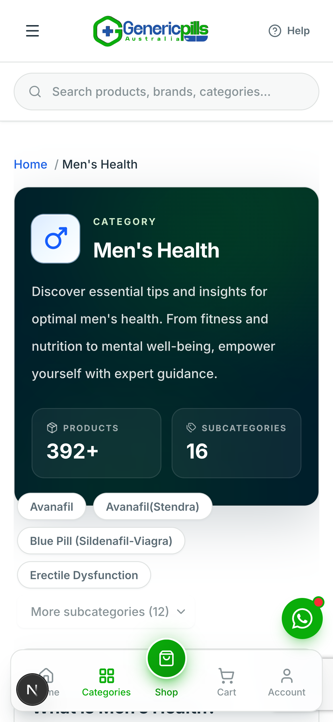 Men's health category browsing screen