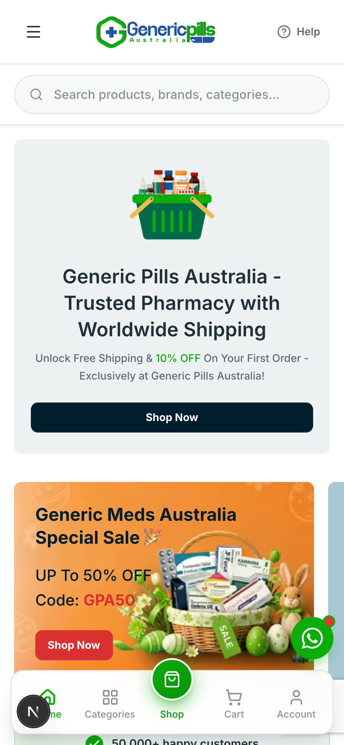 Generic Pills Australia app home screen showing pharmacy categories and offers
