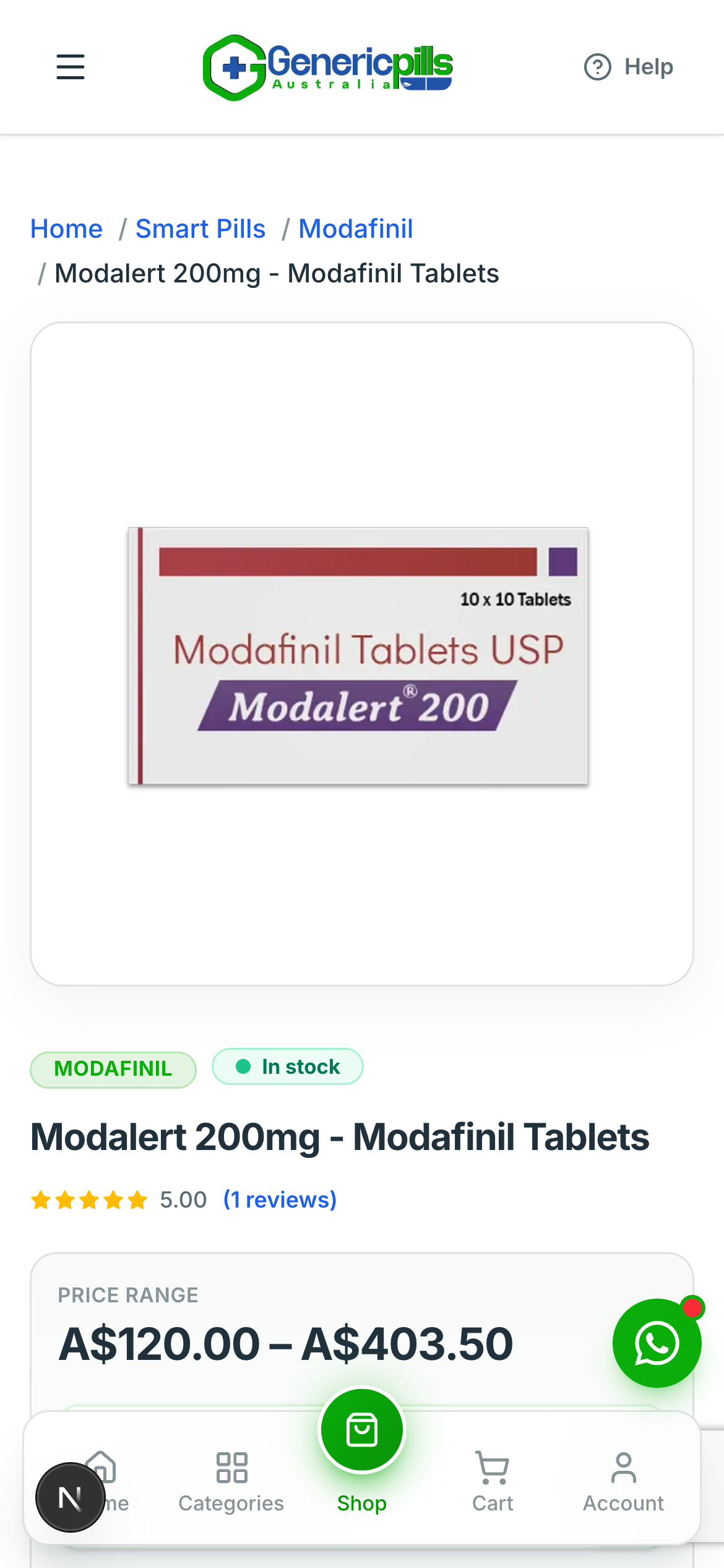 Product details screen for Modalert 200mg